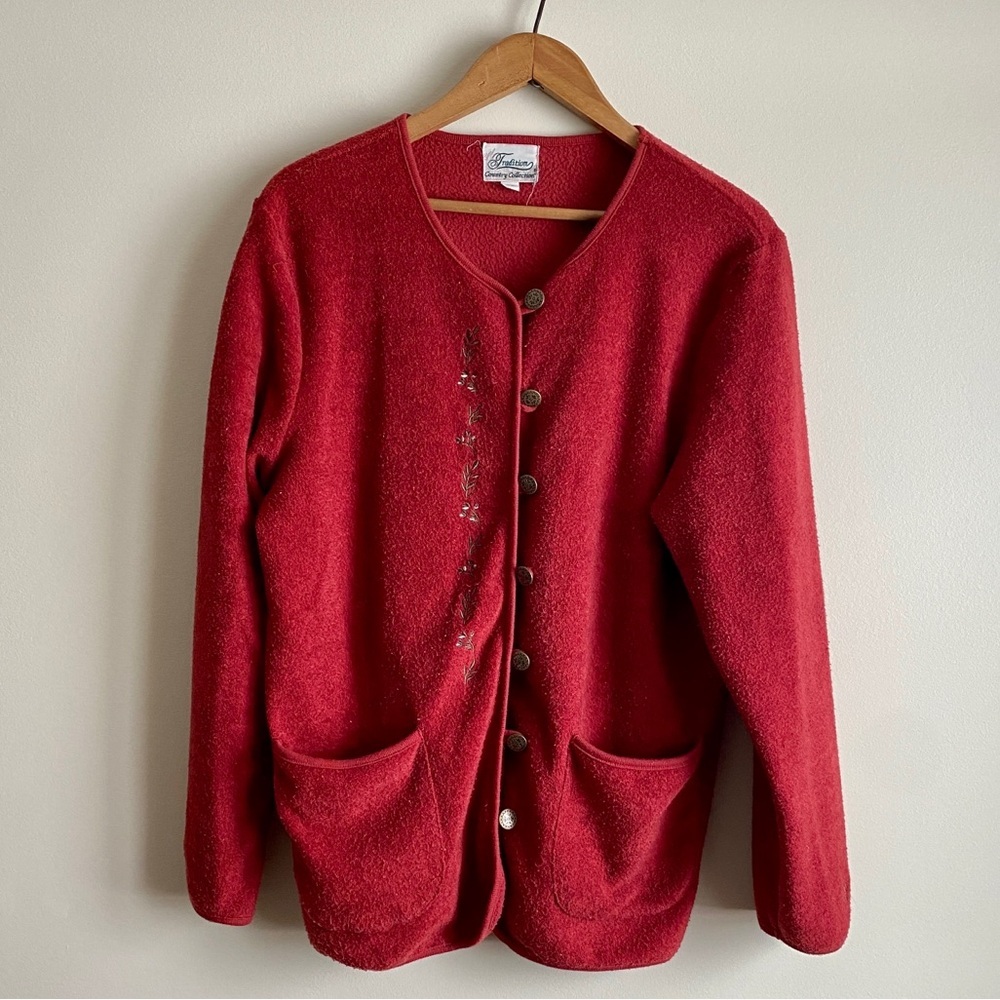 Vintage Red Button-Up Cardigan Sweater w/ Floral Details